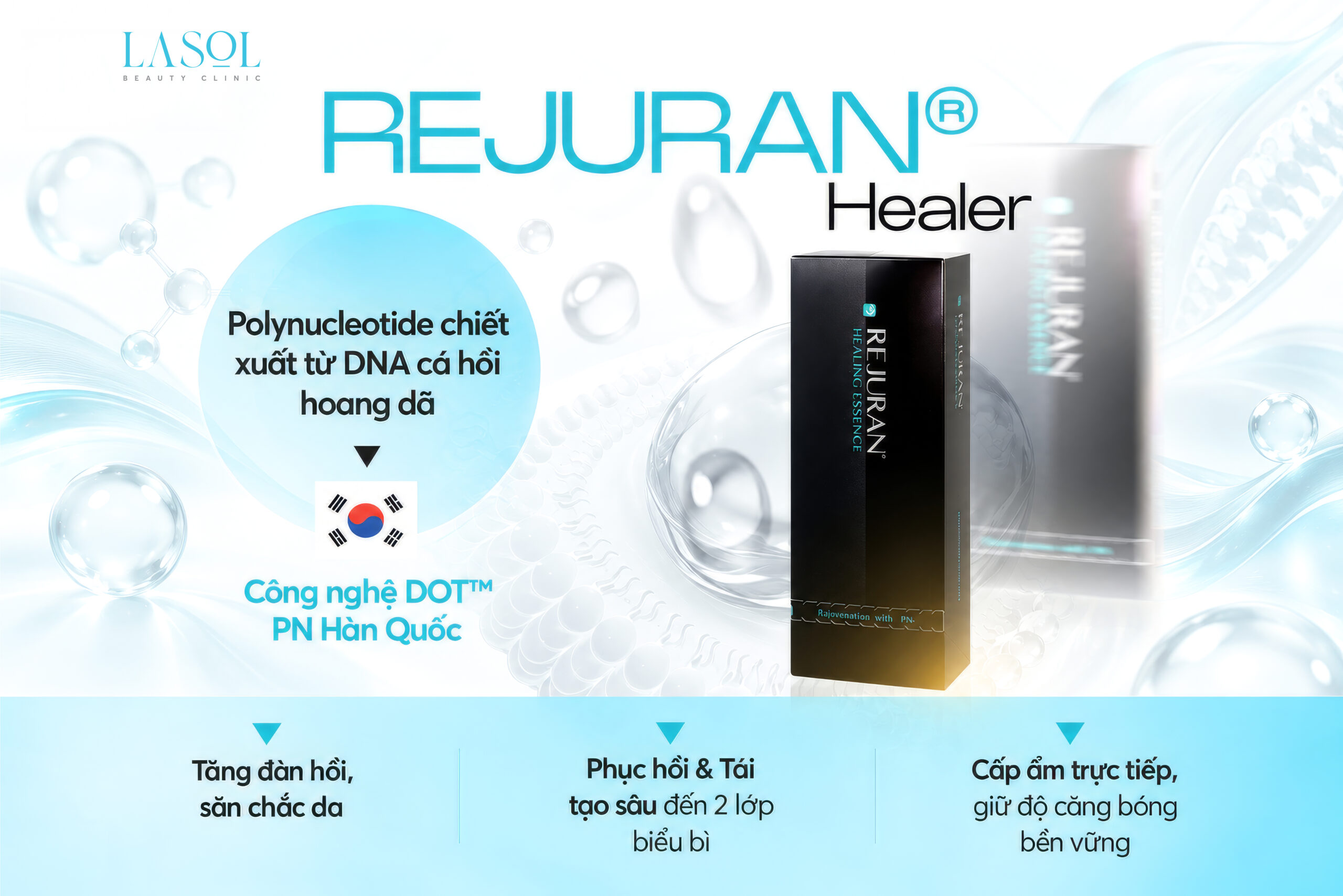 Rejuran Healer trẻ hóa vùng cổ với Polynucleotide (PN) được chiết xuất từ DNA cá hồi tinh khiết.