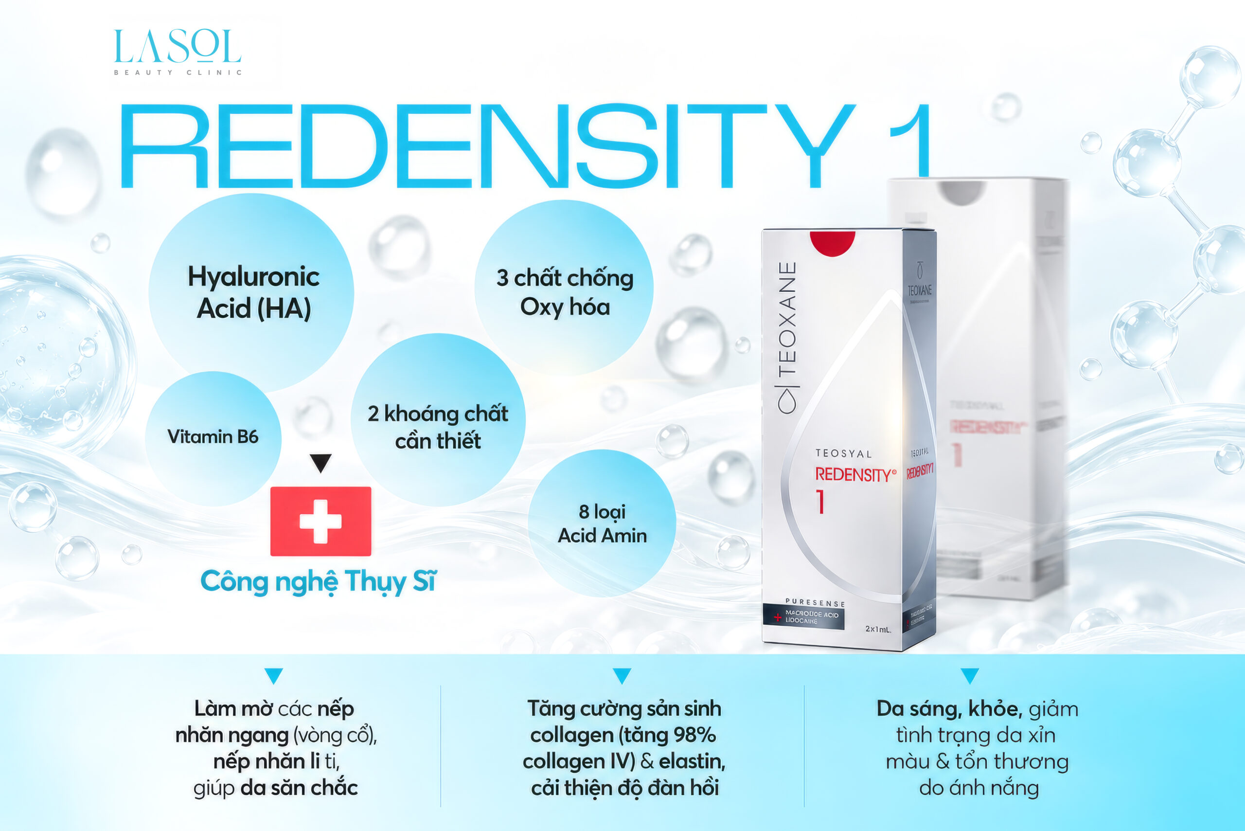 Redensity 1 trẻ hóa vùng cổ bằng sự kết hợp Hyaluronic Acid với Amino Acid và các dưỡng chất thiết yếu cho da